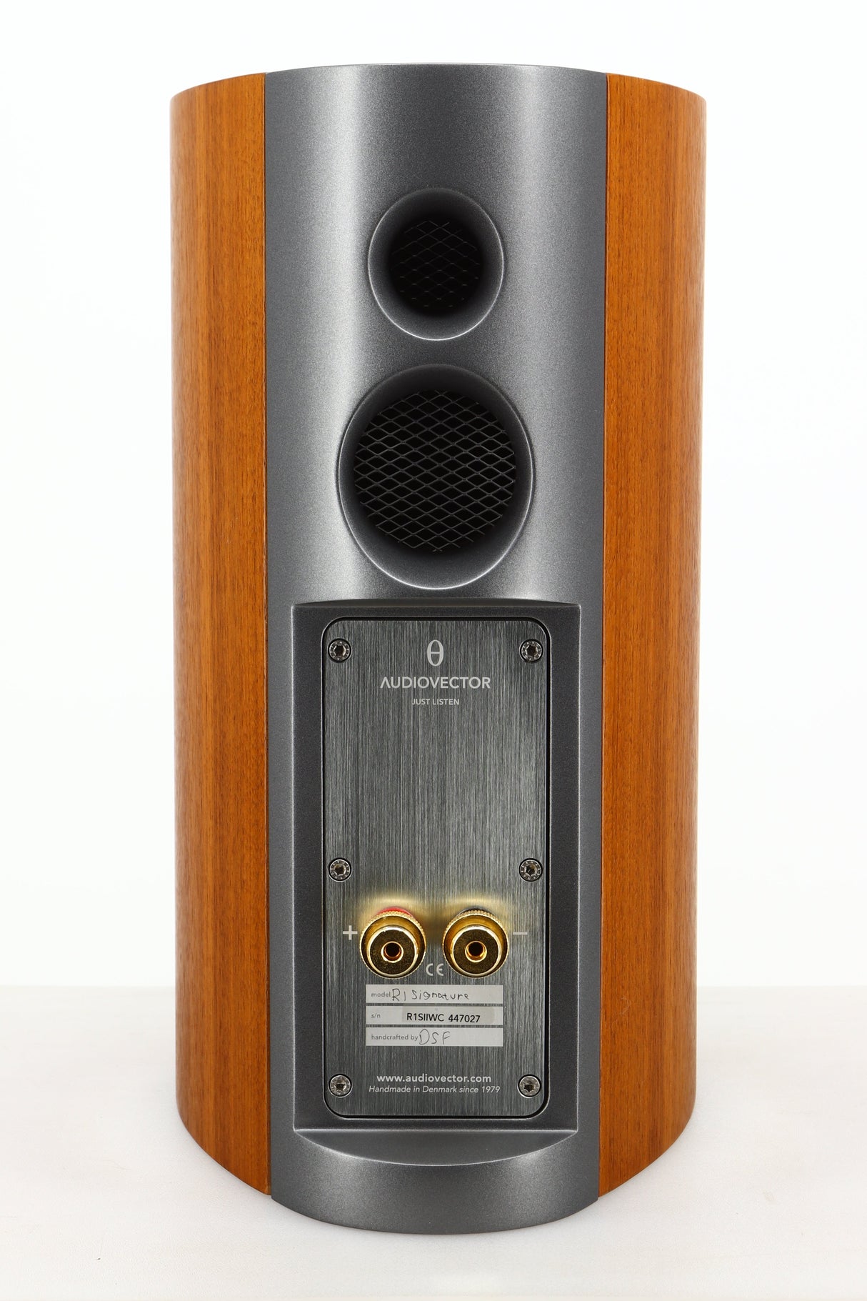 Rear view of a used Audiovector R1 Signature Standmount Speaker in Walnut finish 
