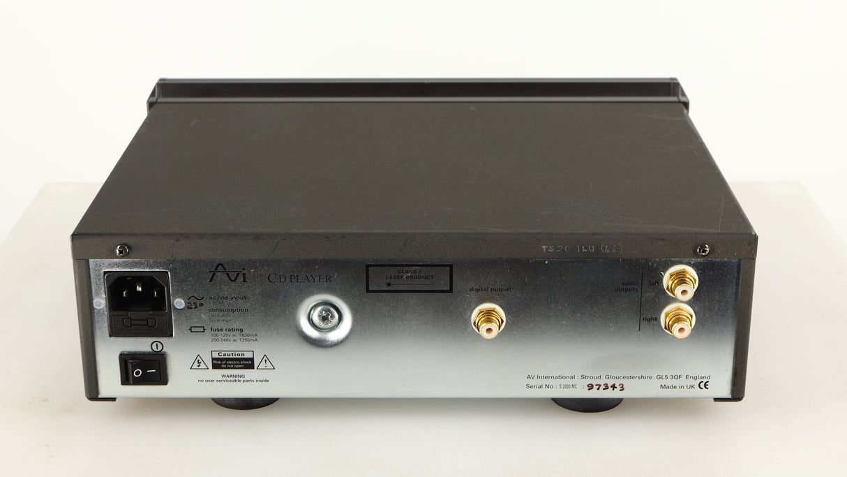 Rear view of a used AVI Laboratories S2000MC CD Player showing Mains Input and Phono Outputs