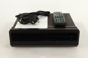 Front view of a used AVI S2000MP Pre Amplifier with mains cable, manual, and remote