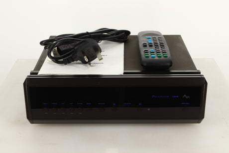 Front view of a used AVI S2000MP Pre Amplifier with mains cable, manual, and remote