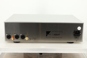Rear view of a used Ayre CX-7 CD Player in silver finish showing mains input, XLR and RCA outputs