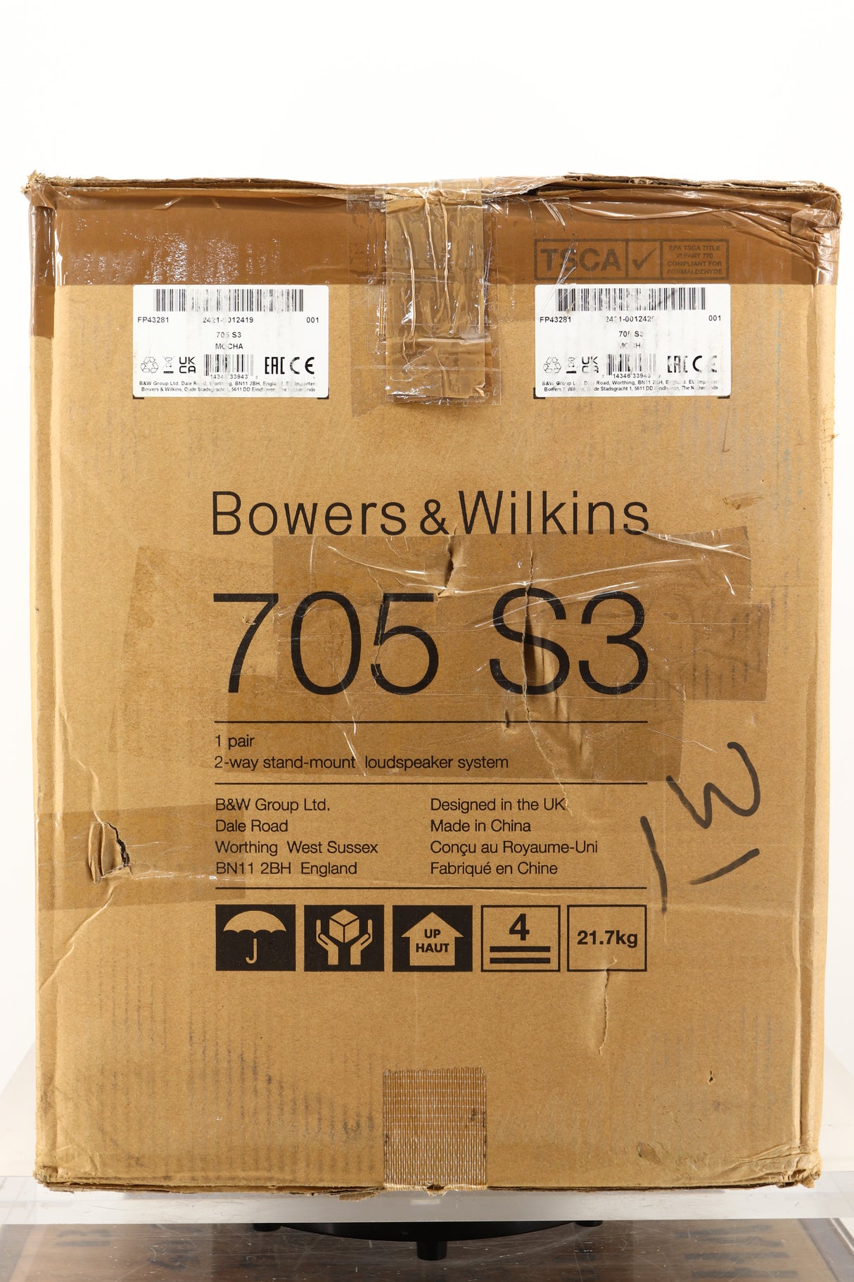 Box of a used pair of B&W 705 S3 Standmount Speakers in Mocha finish