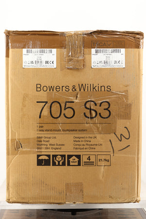 Box of a used pair of B&W 705 S3 Standmount Speakers in Mocha finish
