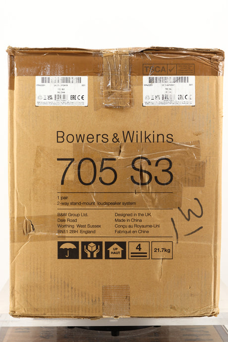 Box of a used pair of B&W 705 S3 Standmount Speakers in Mocha finish