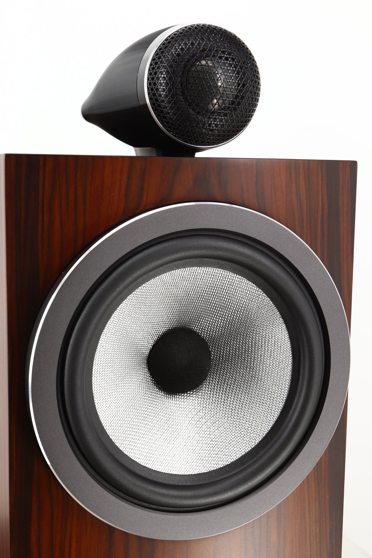 Close up view of a used B&W 705 S3 Standmount Speaker in Mocha finish