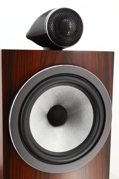 Close up view of a used B&W 705 S3 Standmount Speaker in Mocha finish