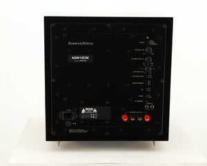 Rear view of a used B&W ASW10CM Subwoofer in a gloss black finish showing Mains Input and Speaker Level Inputs