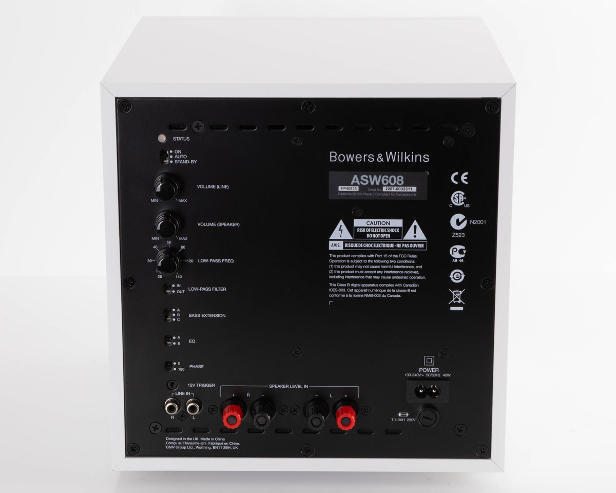 Rear view of a used B&W ASW608 Subwoofer in a Matt White finish showing Power Input, Speaker Inputs and Phono Inputs