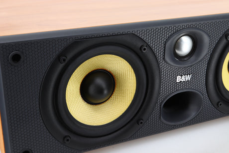 Close up view of a used B&W CC6 S2 Centre Speaker in Cherry finish 