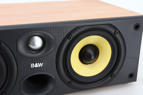 Close up view of a used B&W CC6 S2 Centre Speaker in Cherry finish 
