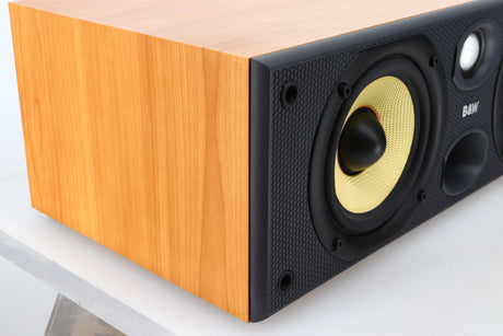 Front left corner view of a used B&W CC6 S2 Centre Speaker in Cherry finish 
