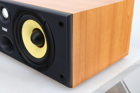 Front right corner view of a used B&W CC6 S2 Centre Speaker in Cherry finish 