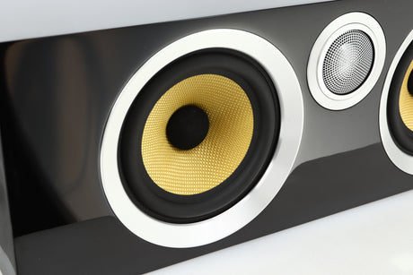 Close up view of a used B&W CM Centre S2 Centre Speaker in Gloss Black finish 