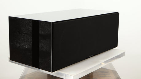 Front left corner of a used B&W CM Centre 2 Centre Speaker in a black gloss finish