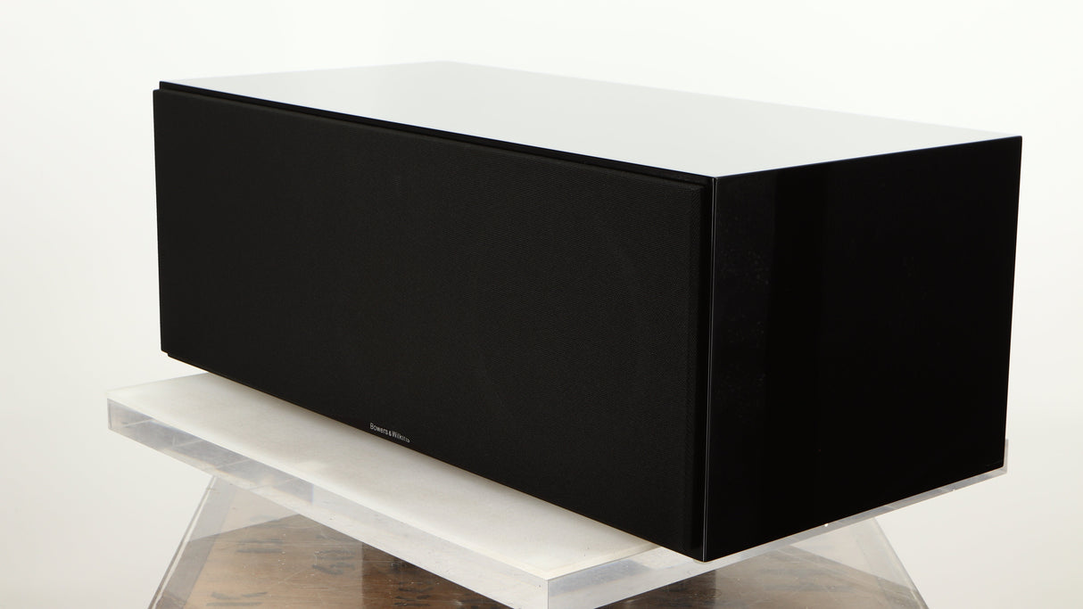 Front right corner of a used B&W CM Centre 2 Centre Speaker in a black gloss finish