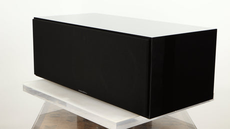 Front right corner of a used B&W CM Centre 2 Centre Speaker in a black gloss finish