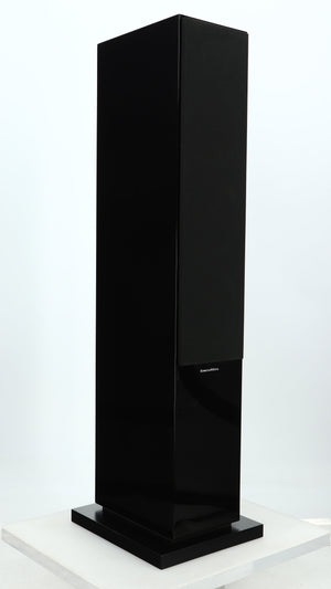 Front left corner of a used B&W CM8 S2 Floorstanding Speaker in a piano black finish