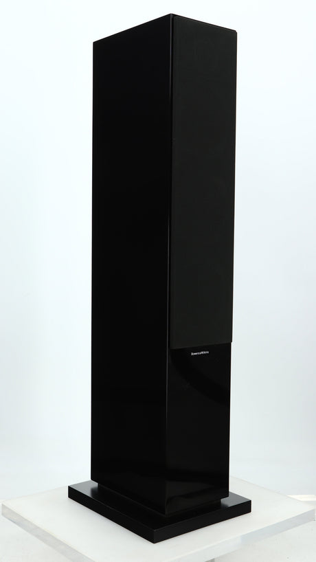 Front left corner of a used B&W CM8 S2 Floorstanding Speaker in a piano black finish