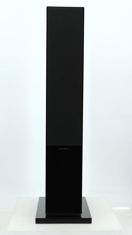 Front view of a used B&W CM8 S2 Floorstanding Speaker in a piano black finish showing the grille