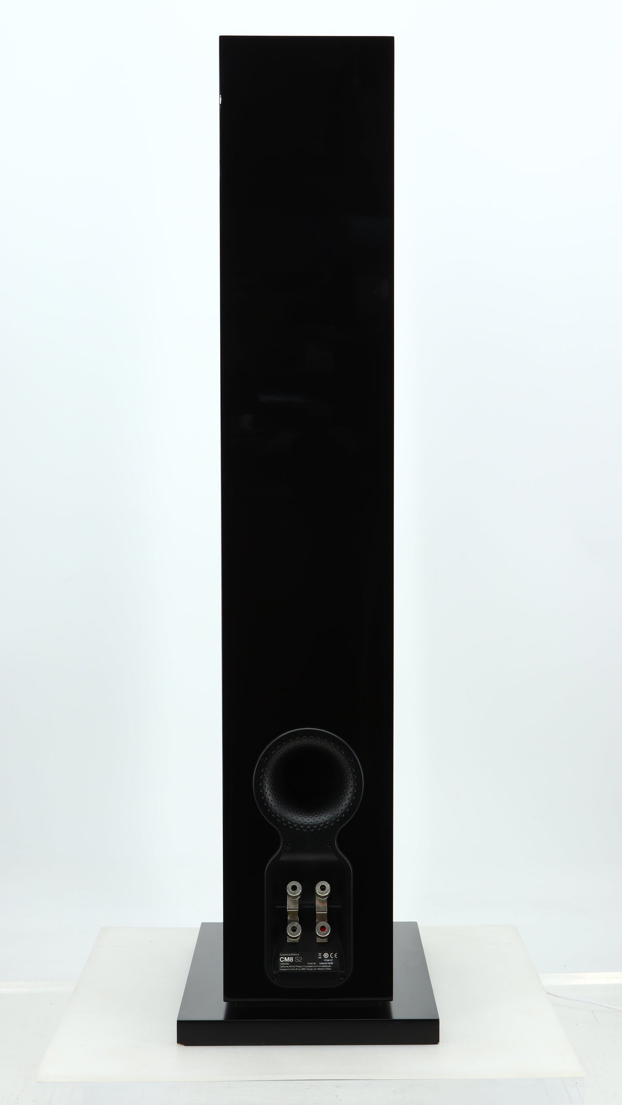 Rear view of a used B&W CM8 S2 Floorstanding Speaker in a piano black finish