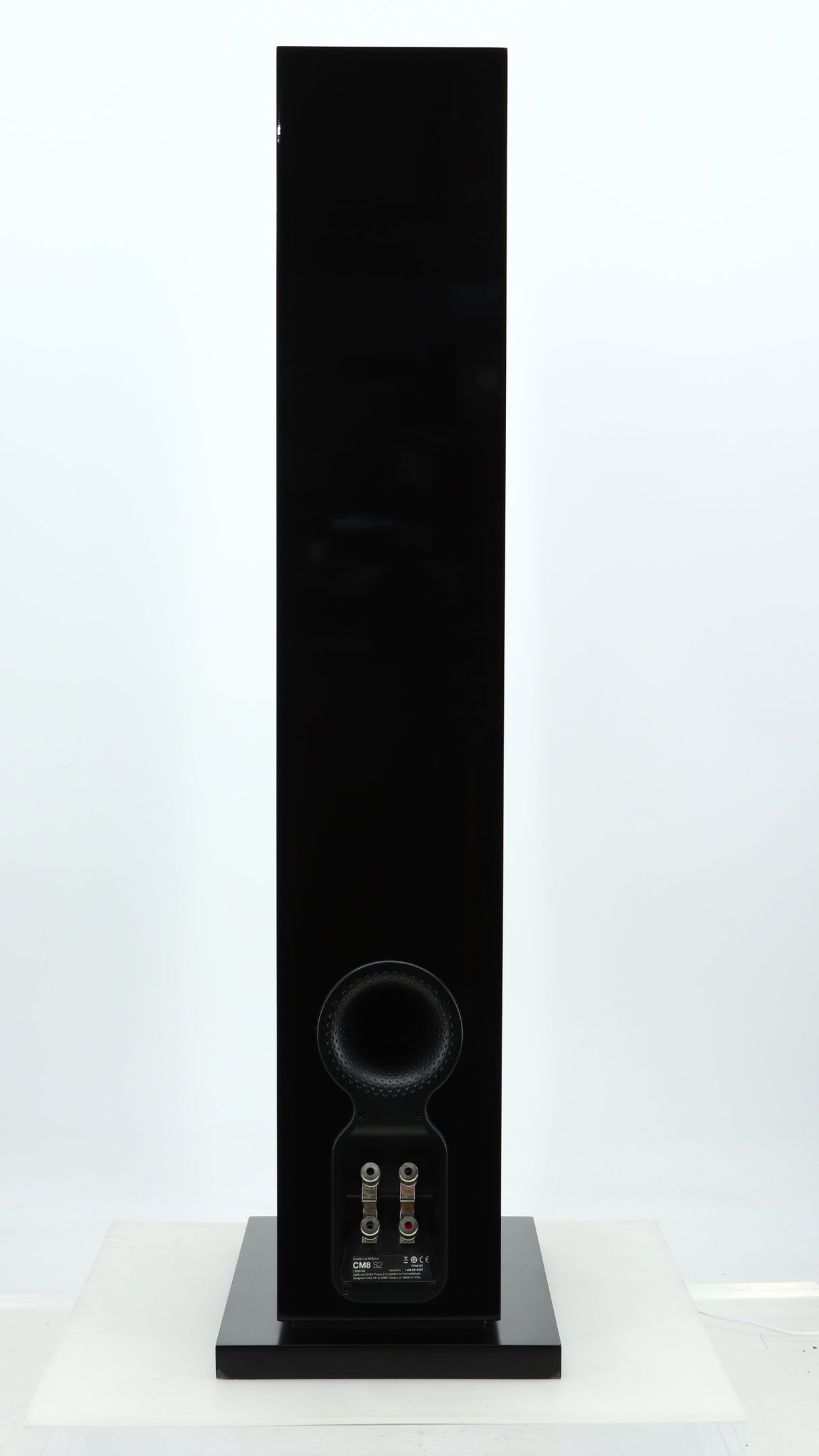 Rear view of a used B&W CM8 S2 Floorstanding Speaker in a piano black finish