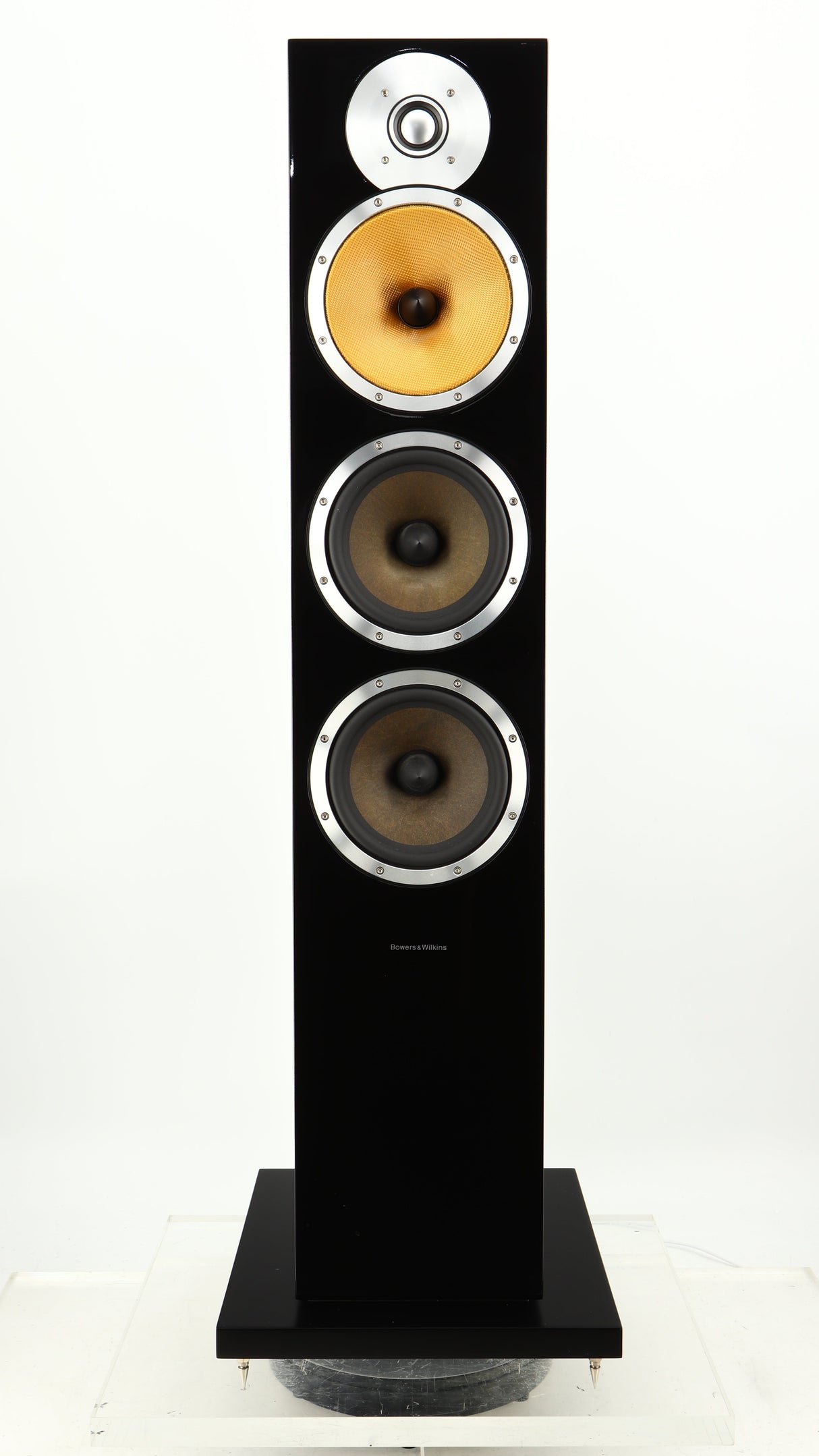 Front view of a used B&W CM9 Floorstanding Speaker in a gloss black finish