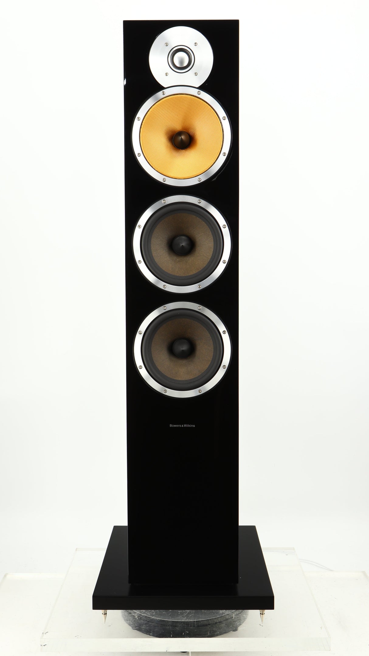 Front view of a used B&W CM9 Floorstanding Speaker in a gloss black finish