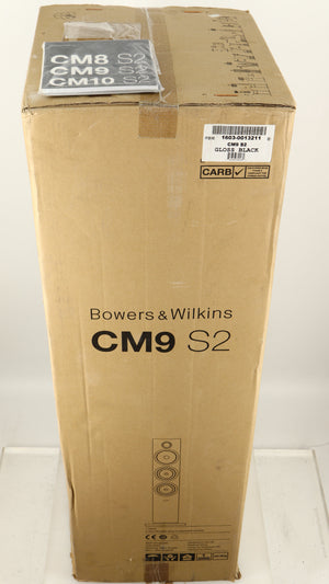 Box a used B&W CM9 S2 Floorstanding Speaker in a gloss black finish showing Manual
