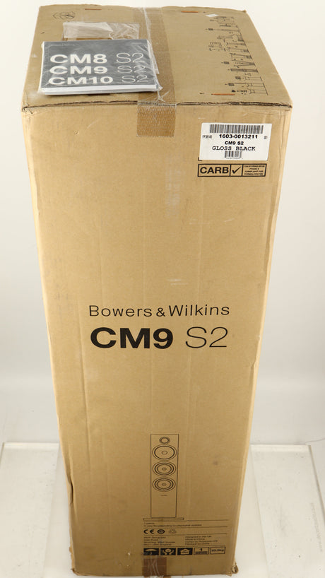 Box a used B&W CM9 S2 Floorstanding Speaker in a gloss black finish showing Manual