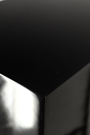 Close up of a used B&W CM9 S2 Floorstanding Speaker in a gloss black finish showing scratching on cabinet