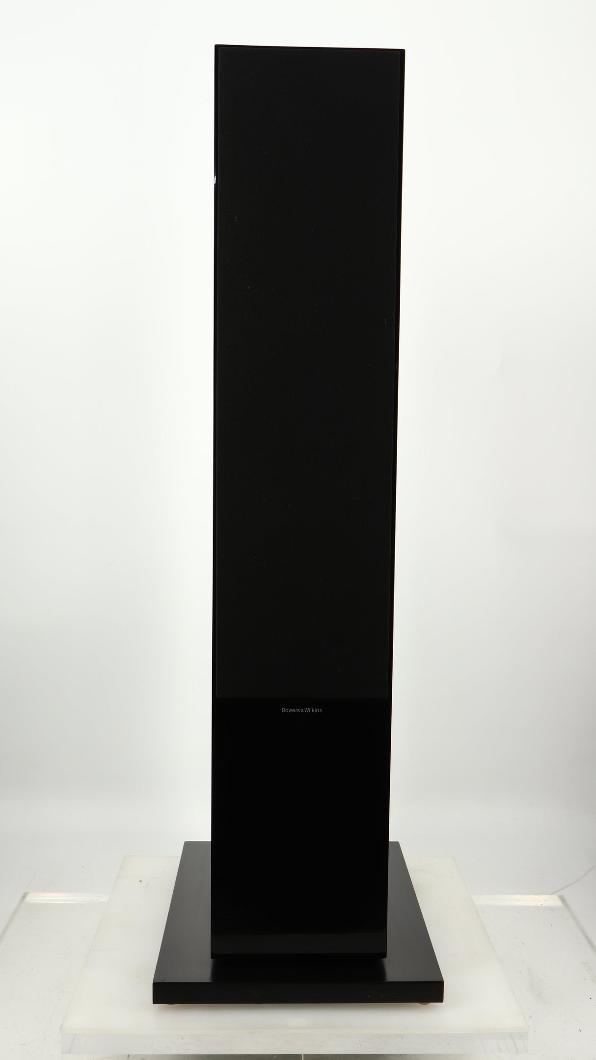 Front view of a used B&W CM9 S2 Floorstanding Speaker in a gloss black finish showing grille