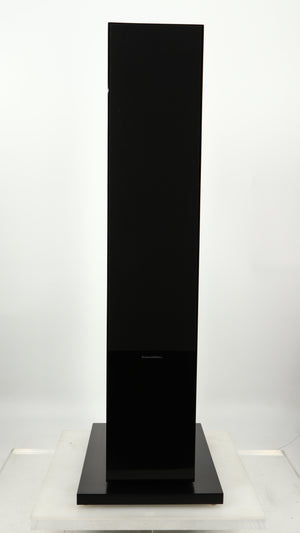 Front view of a used B&W CM9 S2 Floorstanding Speaker in a gloss black finish showing grille