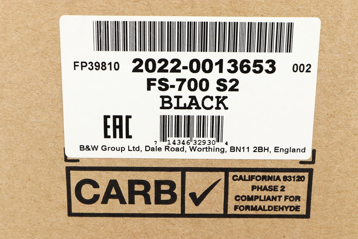 Close up of B&W FS700 S2 Speaker Stands in a black finish showing the serial number