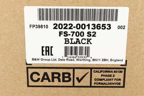 Close up of B&W FS700 S2 Speaker Stands in a black finish showing the serial number