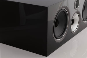 Front left corner of a used B&W HTM 71 S2 Centre Speaker in a Black Gloss finish