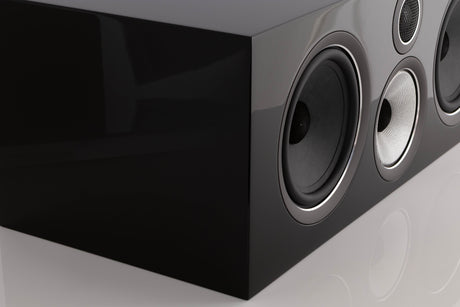 Front left corner of a used B&W HTM 71 S2 Centre Speaker in a Black Gloss finish