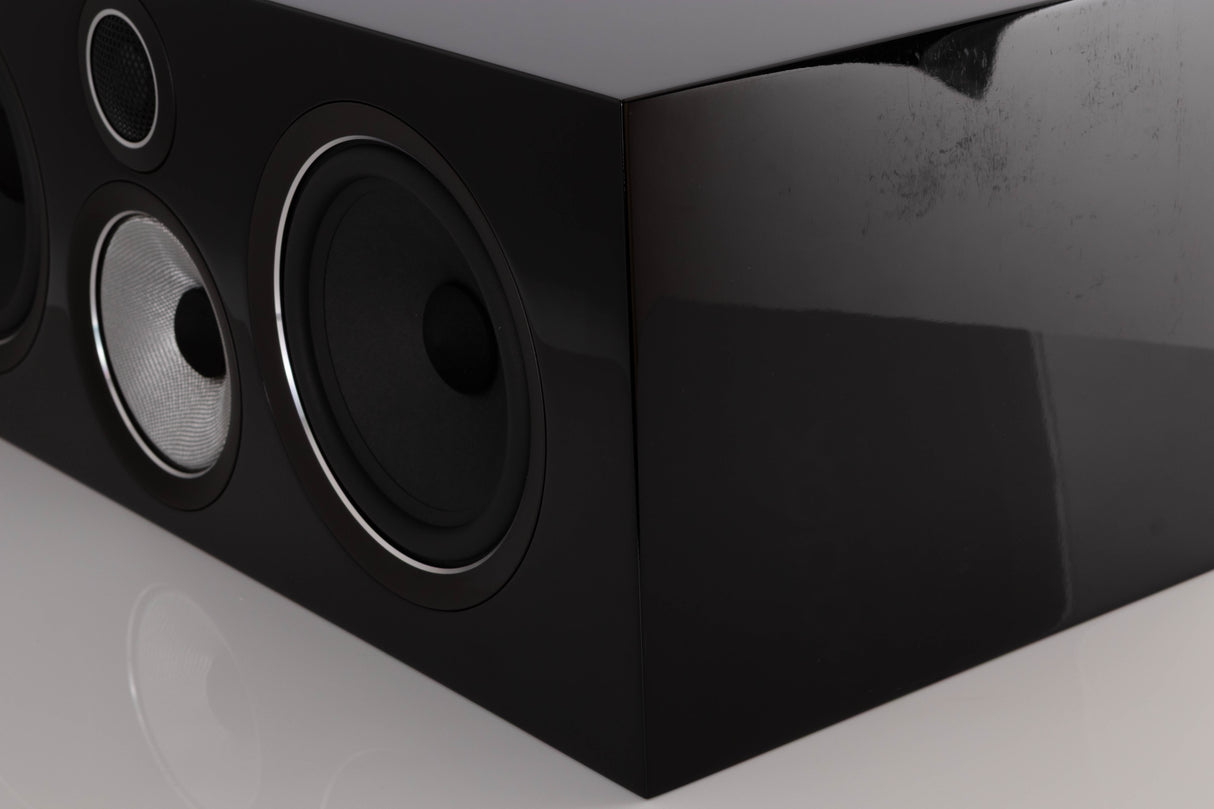 Front right corner of a used B&W HTM 71 S2 Centre Speaker in a Black Gloss finish