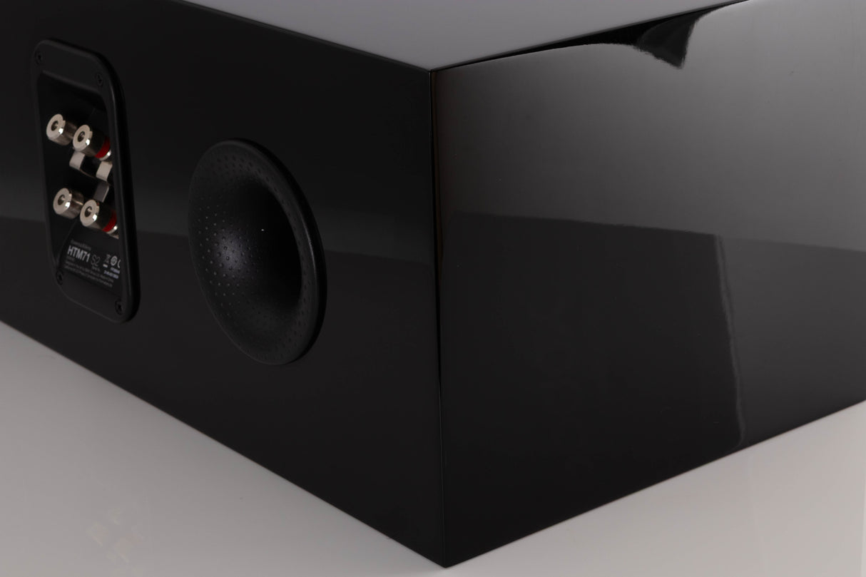 Rear left corner of a used B&W HTM 71 S2 Centre Speaker in a Black Gloss finish