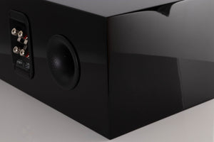 Rear left corner of a used B&W HTM 71 S2 Centre Speaker in a Black Gloss finish