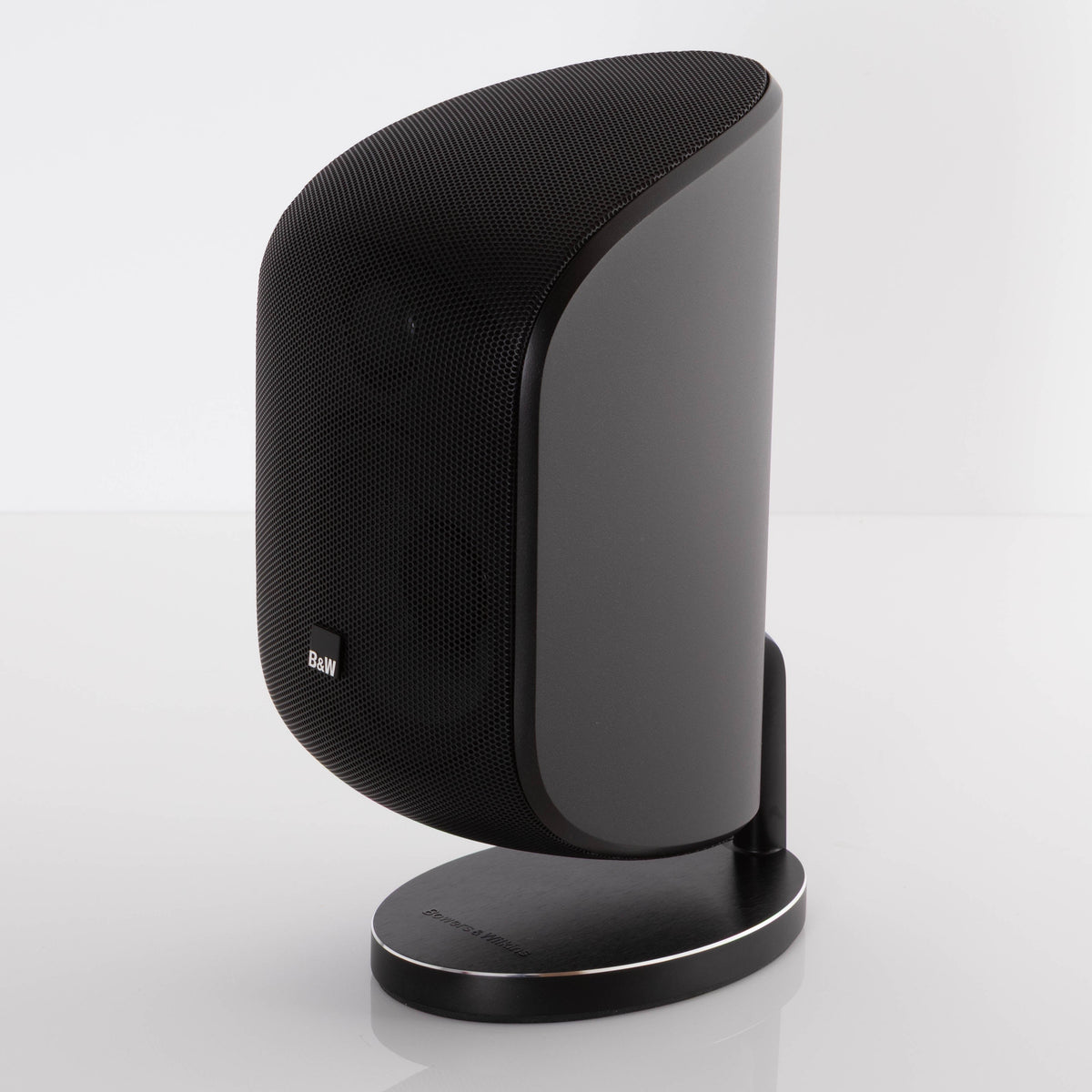 Front right corner of a used B&W M-1 Mini Theatre Speaker in a Matte Black finish