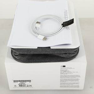 Box for used B&W PX5 Noise Cancelling Wireless Headphones in a space grey finish showing Manual, Warranty Booklet, USB Cable and Case