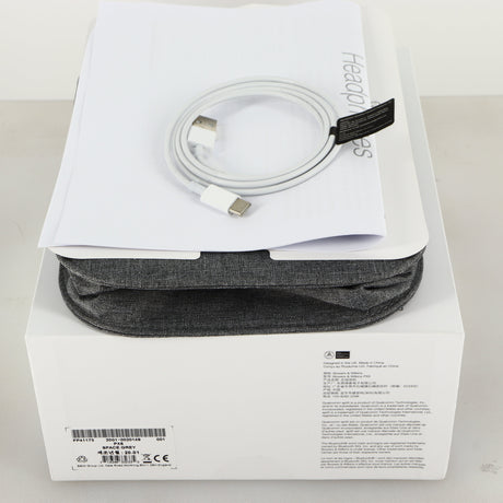 Box for used B&W PX5 Noise Cancelling Wireless Headphones in a space grey finish showing Manual, Warranty Booklet, USB Cable and Case