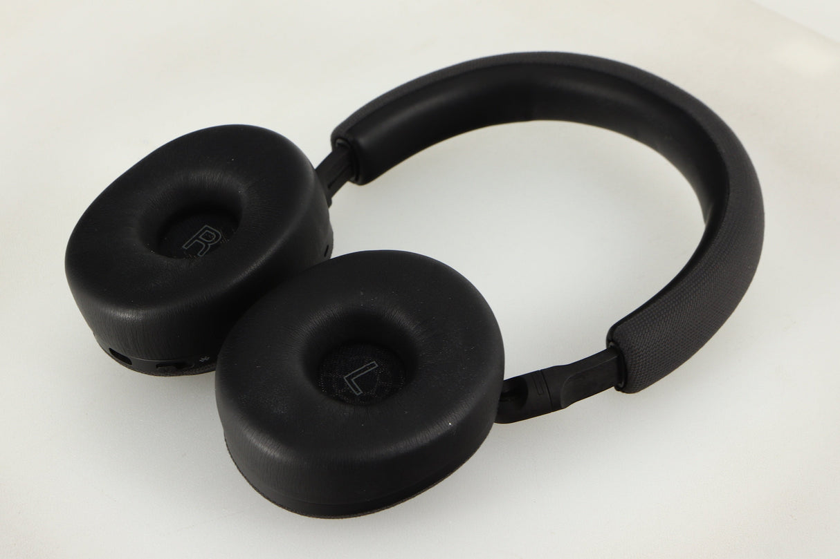 Close up of used B&W PX5 Noise Cancelling Wireless Headphones in a space grey finish showing inside of left earmuff