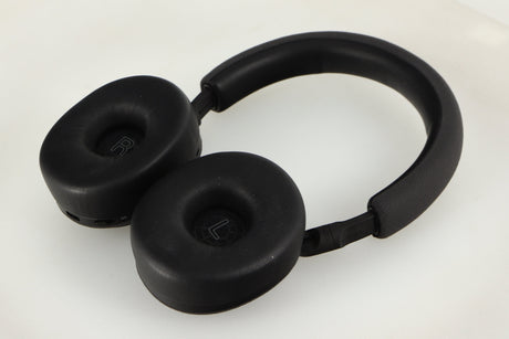 Close up of used B&W PX5 Noise Cancelling Wireless Headphones in a space grey finish showing inside of left earmuff
