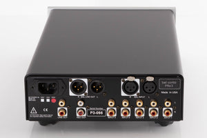 Rear view of a used Bel Canto PRe 3 Pre Amplifier showing Phono Inputs, Phono Outputs, Mains Input, XLR Inputs and XLR Outputs