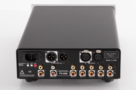 Rear view of a used Bel Canto PRe 3 Pre Amplifier showing Phono Inputs, Phono Outputs, Mains Input, XLR Inputs and XLR Outputs