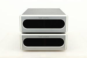 Front view of a used pair of Bel Canto REF600M Monoblock Power Amplifiers in Silver finish