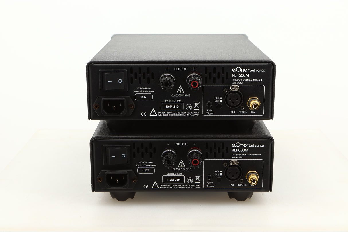 Rear view of a used pair of Bel Canto REF600M Monoblock Power Amplifiers in Silver finish
