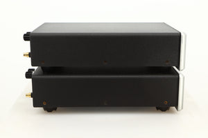Side view of a used pair of Bel Canto REF600M Monoblock Power Amplifiers in Silver finish