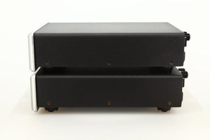 Side view of a used pair of Bel Canto REF600M Monoblock Power Amplifiers in Silver finish